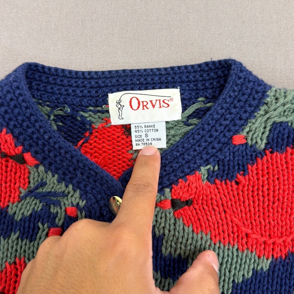 Orvis Vintage Cardinal Bird Holly Knit Cardigan Sweater Navy Blue Red Small - Picture 3 of 7